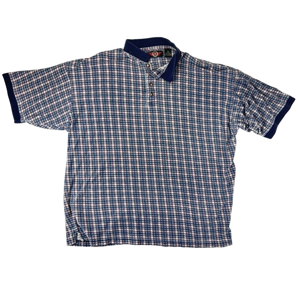 American Outpost Polo Shirt Mens Large Regular Blue Plaid VTG 90s Cotton